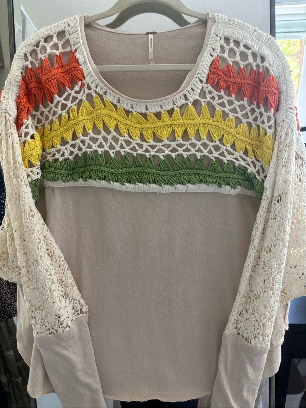 Free People Cream Crochet Yoke Sweatshirt with Orange, Yellow & Green Accents